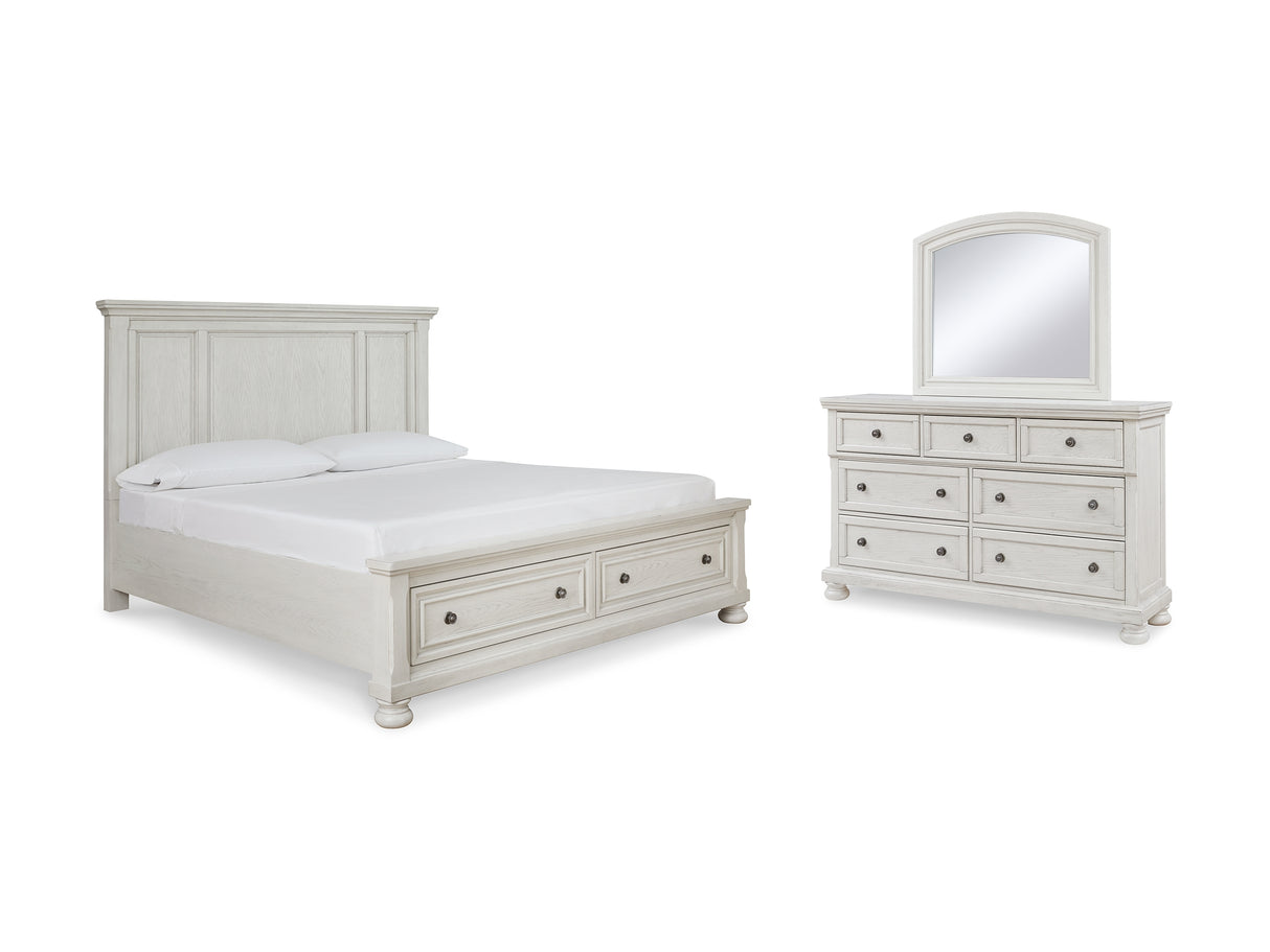 Robbinsdale Antique White King Panel Storage Bed, Dresser And Mirror