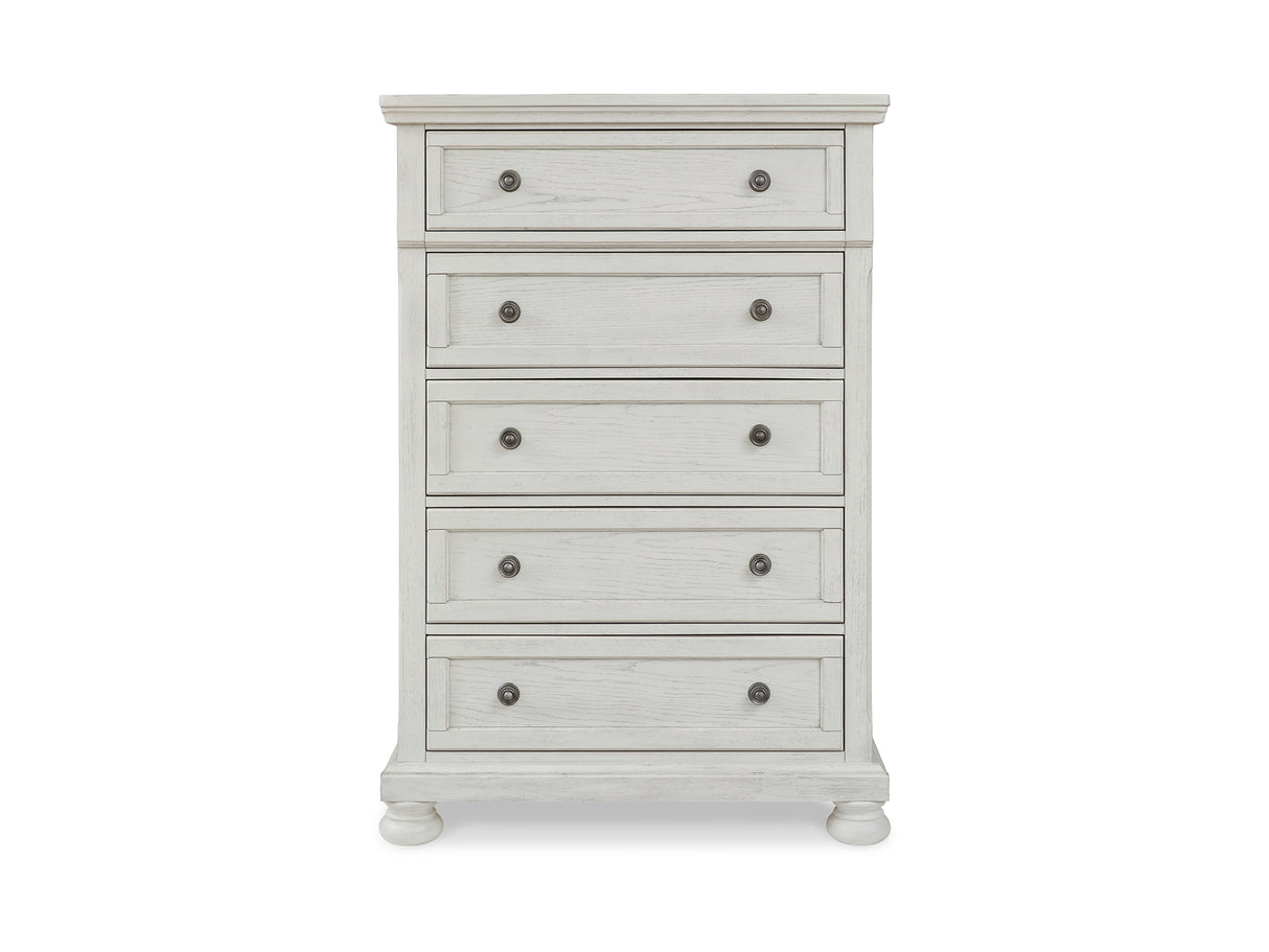 Robbinsdale Antique White King Panel Bed, Dresser, Mirror, Chest And 2 Nightstands