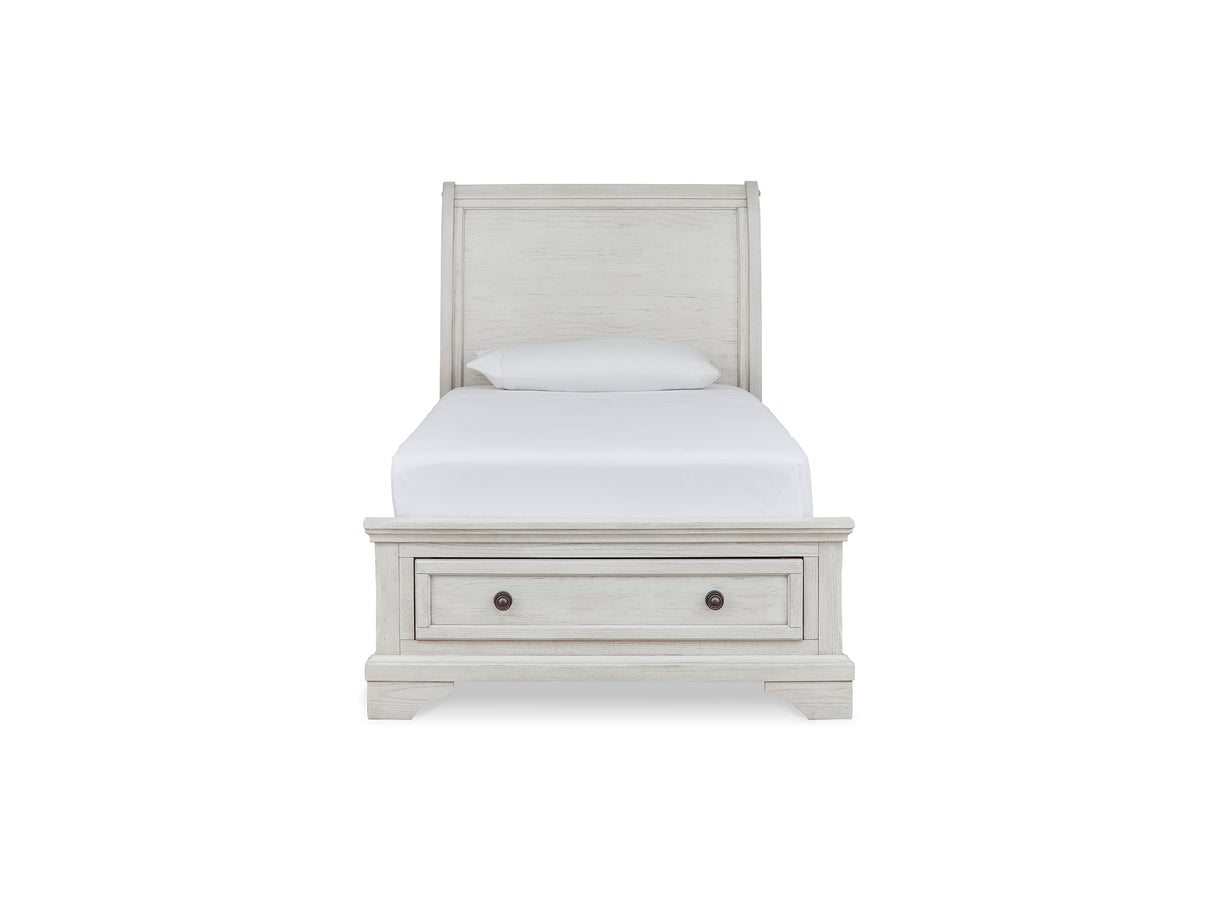 Robbinsdale Antique White Twin Storage Bed, Dresser, Mirror And Nightstand
