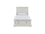 Robbinsdale Antique White Twin Storage Bed, Dresser, Mirror And Nightstand