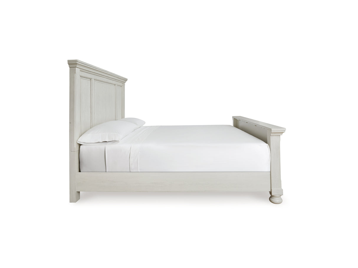 Robbinsdale Antique White King Panel Bed, Dresser, Mirror, Chest And 2 Nightstands