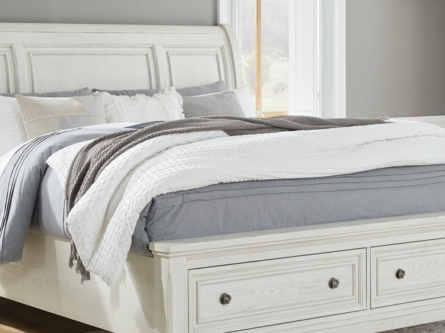 Robbinsdale Antique White California King Sleigh Bed With Storage