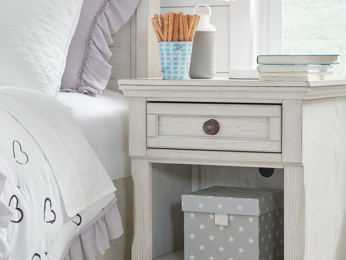 Robbinsdale Antique White Twin Storage Bed, Dresser, Mirror And Nightstand