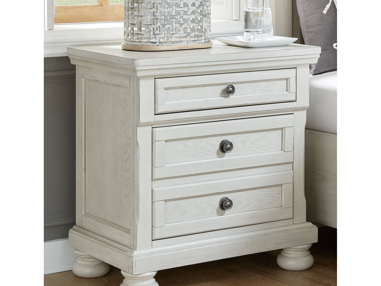 Robbinsdale Antique White King Panel Bed, Dresser, Mirror, Chest And 2 Nightstands