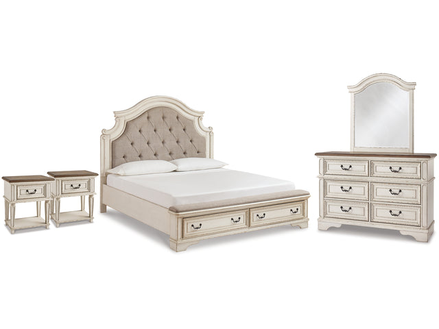 Realyn Two-Tone King Panel Storage Bed, Dresser, Mirror And 2 Nightstands