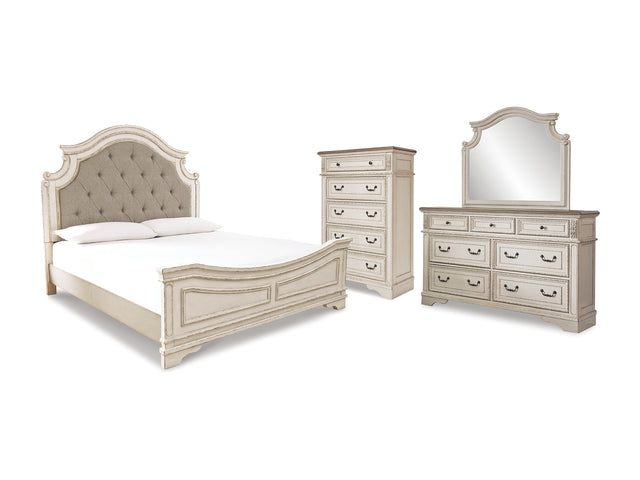 Realyn Chipped White King Panel Upholstered Bed, Dresser, Mirror And Chest