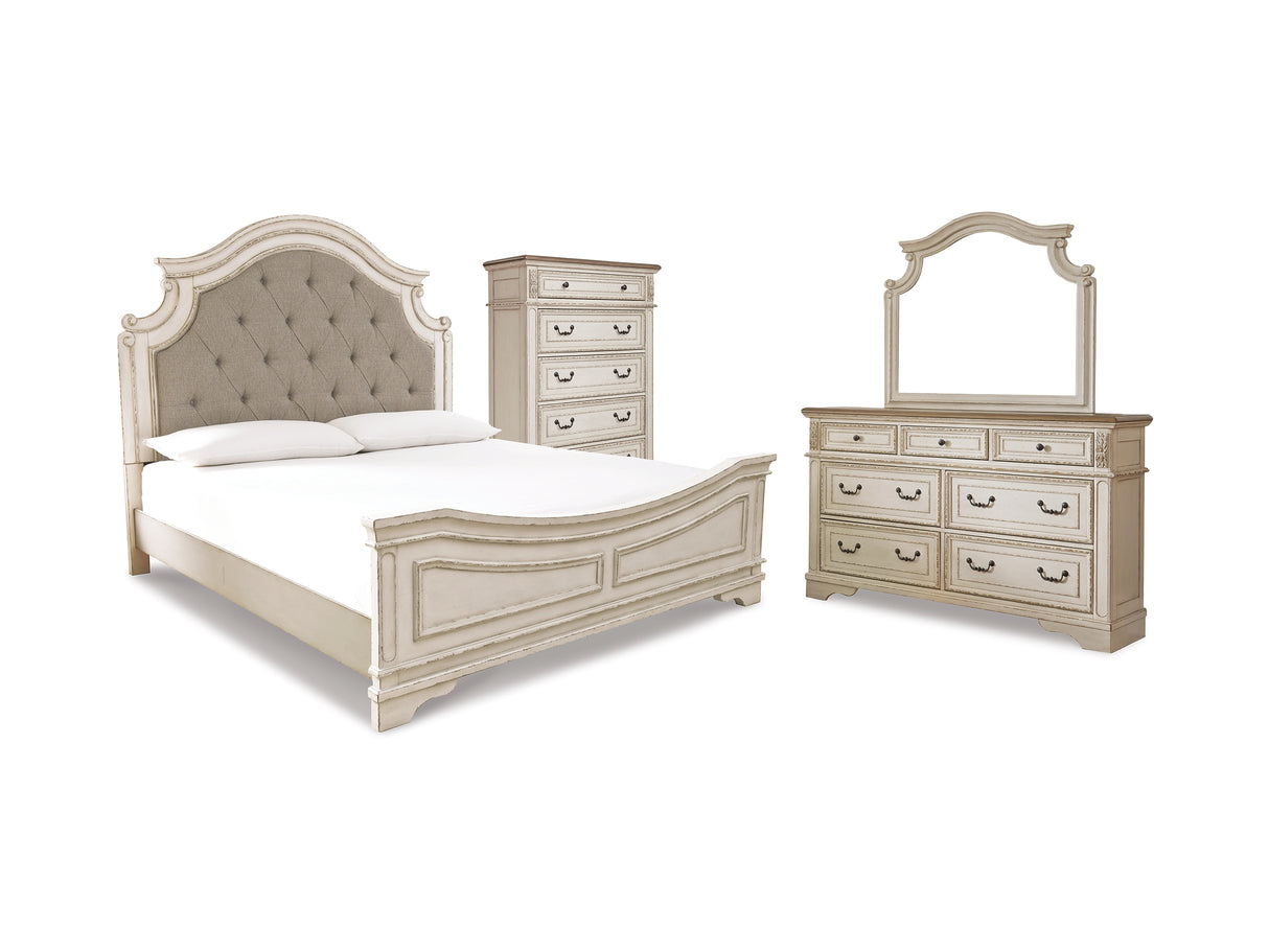 Realyn Two-Tone Queen Panel Bed, Dresser, Mirror And Chest