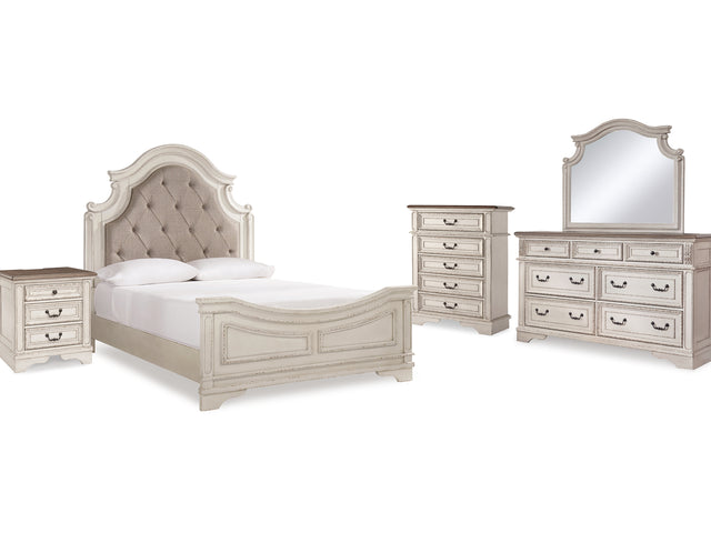 Realyn Two-Tone Queen Upholstered Panel Bed, Dresser, Mirror, Chest And Nightstand