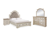 Realyn Two-Tone Queen Upholstery Panel Bed, Dresser, Mirror And Nightstand