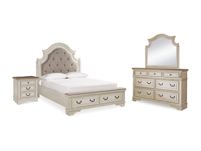 Realyn Two-Tone Queen Upholstery Panel Bed, Dresser, Mirror And Nightstand