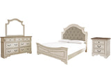 Realyn Chipped White King Bed With Mirrored Dresser And Nightstand