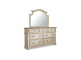 Realyn Chipped White King Panel Upholstered Bed, Dresser, Mirror And Chest
