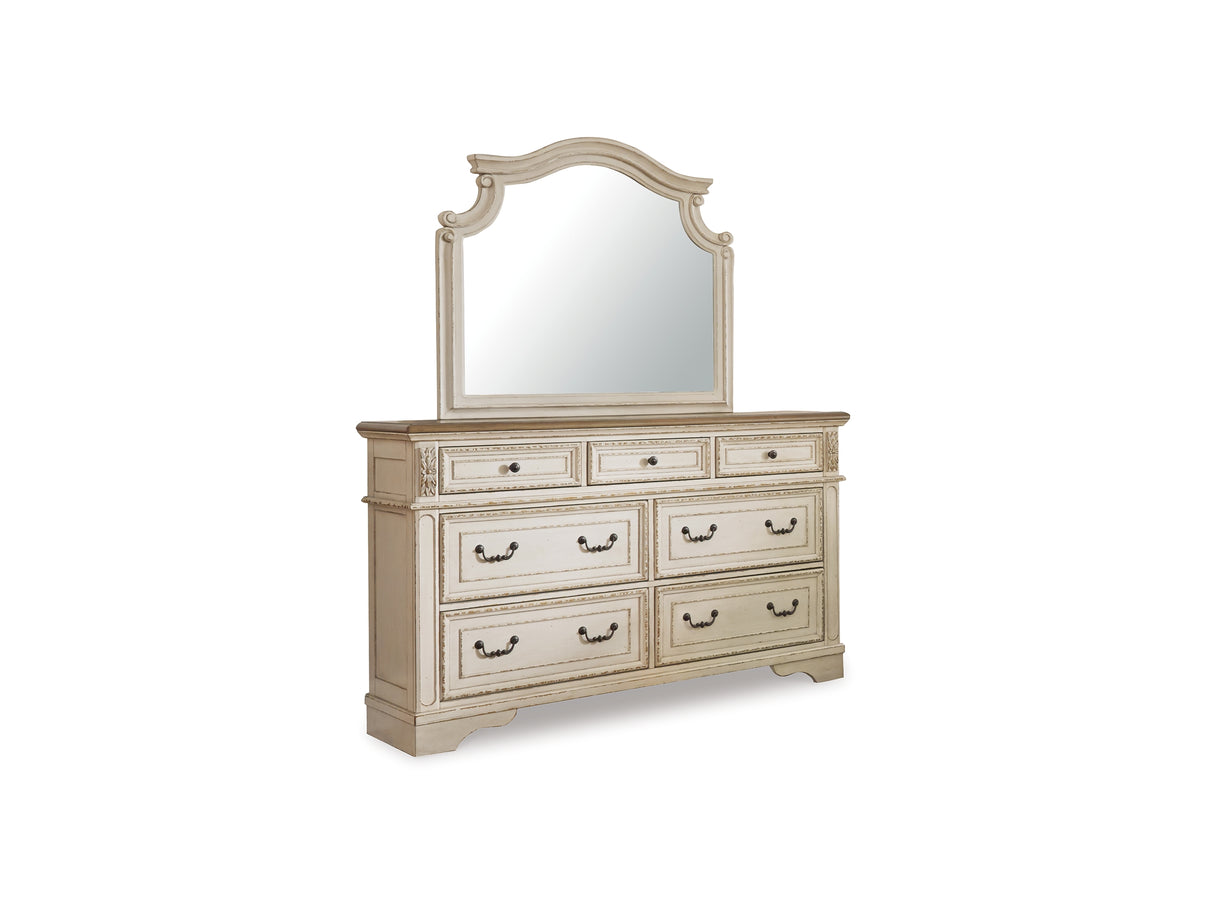 Realyn Two-Tone Queen Upholstered Panel Bed, Dresser, Mirror, Chest And Nightstand