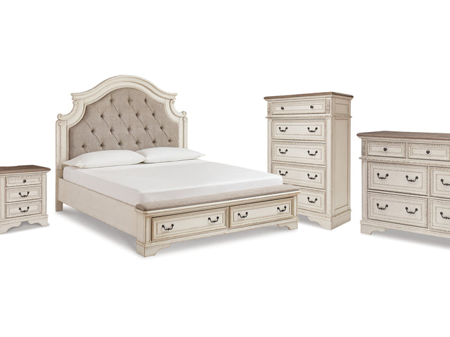 Realyn King Storage Bed, Dresser, Chest And 2 Nightstands