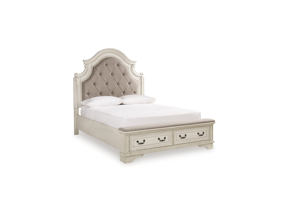 Realyn Two-Tone Queen Upholstery Panel Bed, Dresser, Mirror And Nightstand
