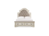 Realyn Two-Tone Queen Upholstery Panel Bed, Dresser, Mirror And Nightstand