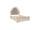 Realyn Two-Tone Queen Upholstery Panel Bed, Dresser, Mirror And Nightstand
