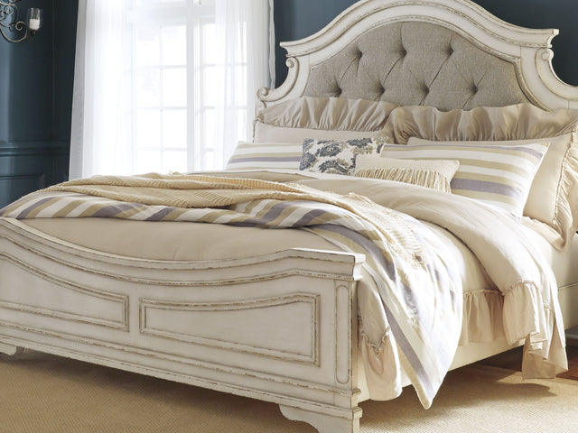 Realyn Chipped White King Upholstered Panel Bed
