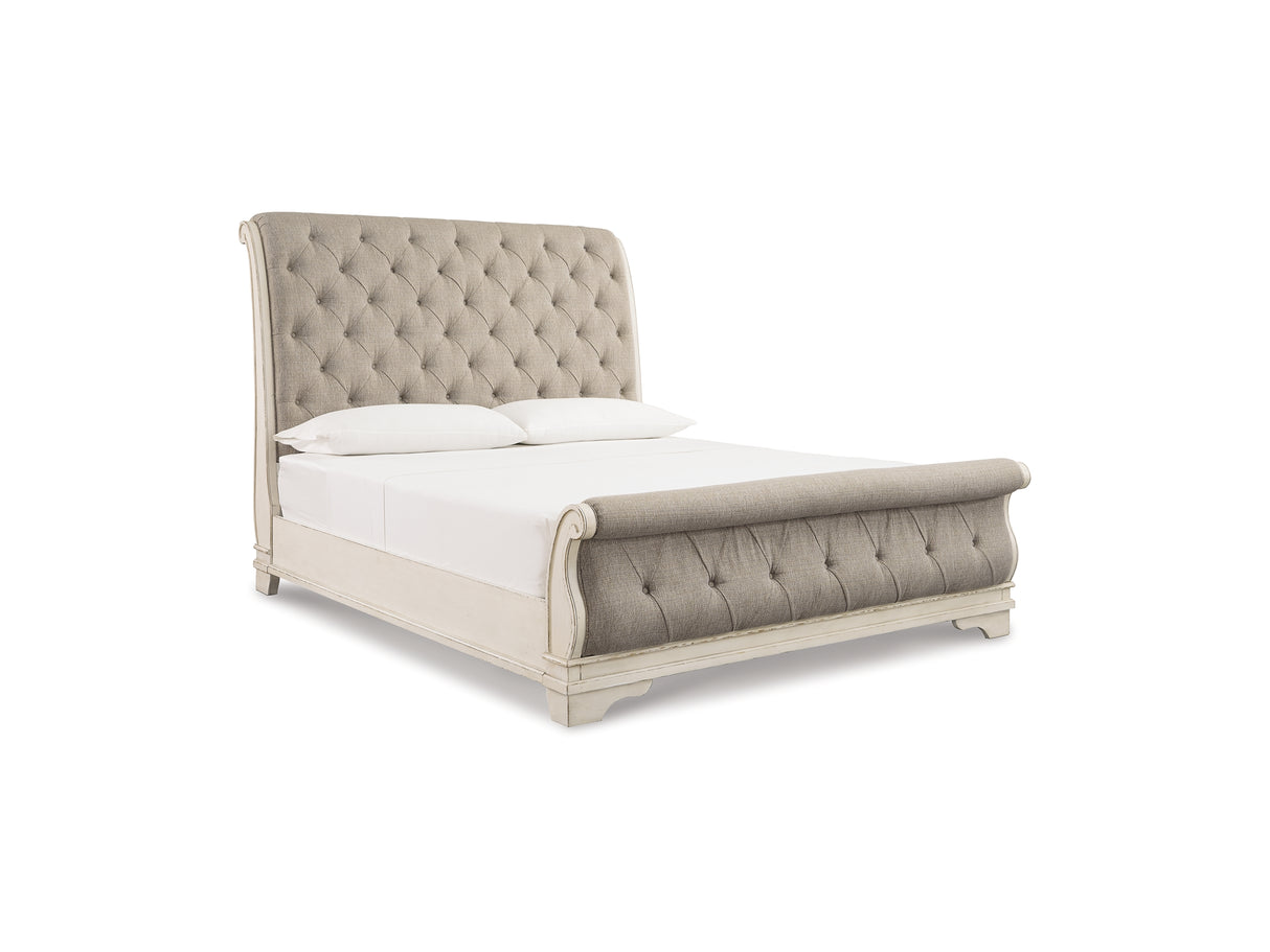 Realyn Two-Tone Queen Upholstered Sleigh Bed And Chest