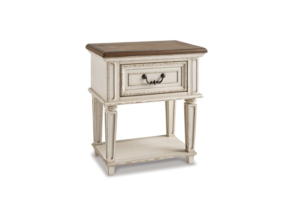 Realyn Two-Tone King Panel Storage Bed, Dresser, Mirror And 2 Nightstands