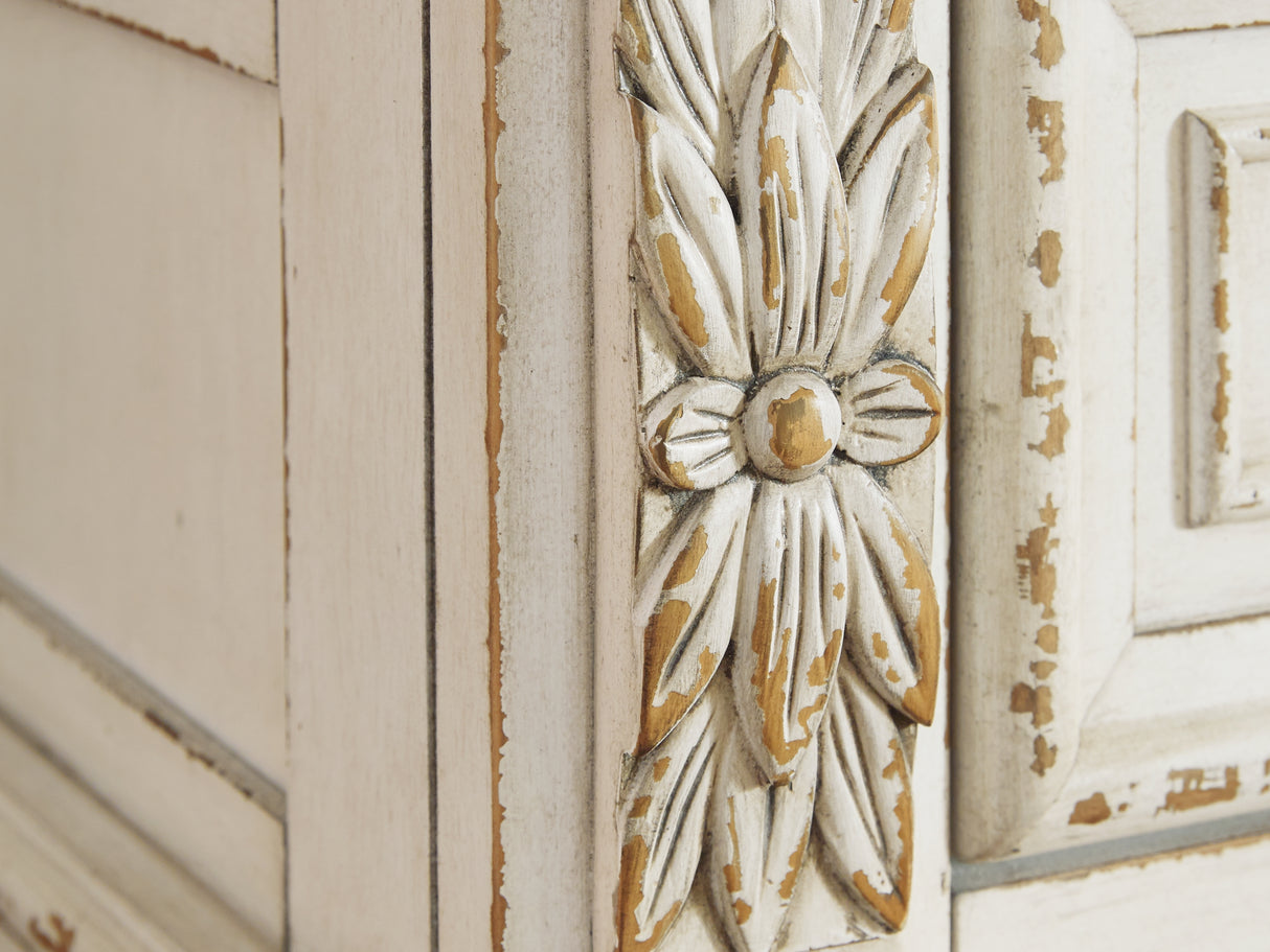 Realyn Two-Tone Queen Upholstered Panel Bed, Dresser, Mirror, Chest And Nightstand