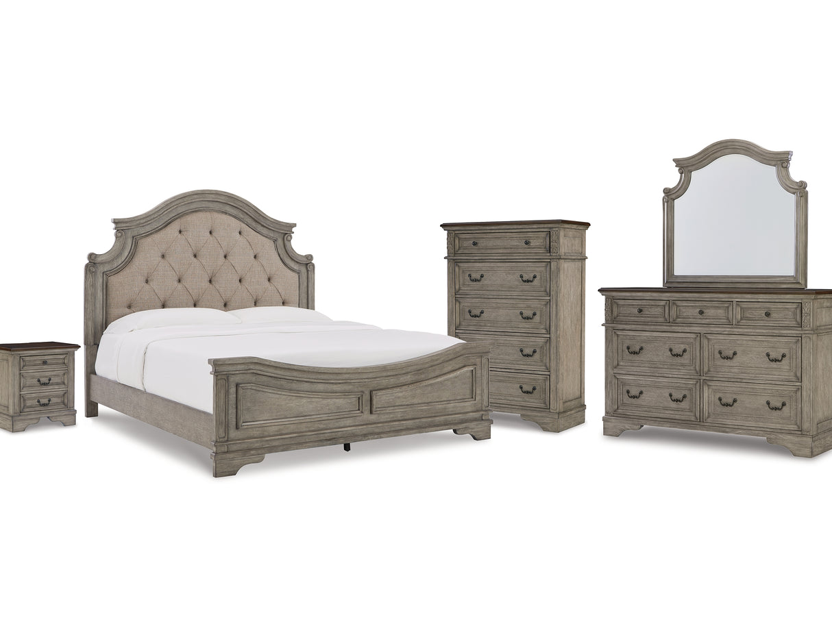 Lodenbay Antique Gray/Brown King Upholstered Panel Bed, Dresser, Mirror, Chest And Nightstand