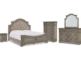 Lodenbay Antique Gray/Brown King Upholstered Panel Bed, Dresser, Mirror, Chest And Nightstand