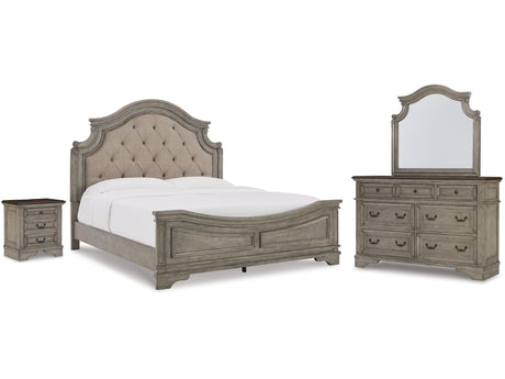 Lodenbay Antique Gray King Upholstered Panel Bed, Dresser, Mirror, And Nightstand