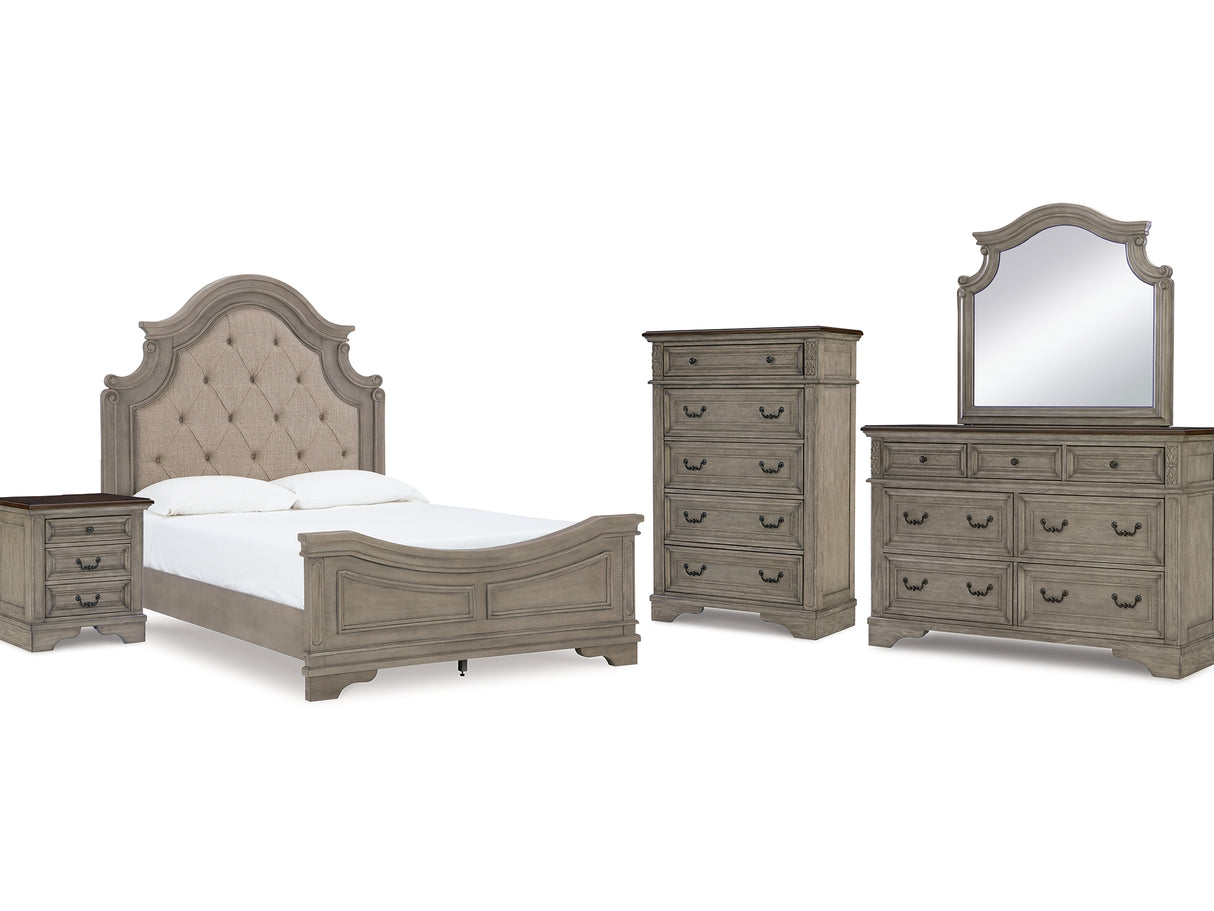 Lodenbay Antique Gray Queen Upholstered Panel Bed, Dresser, Mirror, Chest And Nightstand
