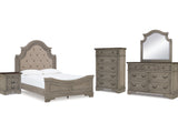 Lodenbay Antique Gray Queen Upholstered Panel Bed, Dresser, Mirror, Chest And Nightstand