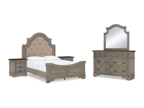 Lodenbay Antique Gray/Brown Queen Upholstered Panel Bed, Dresser, Mirror And 2 Nightstands