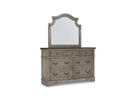 Lodenbay Antique Gray/Brown Queen Upholstered Panel Bed, Dresser, Mirror And 2 Nightstands