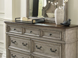 Lodenbay Antique Gray/Brown King Upholstered Panel Bed, Dresser, Mirror, Chest And Nightstand