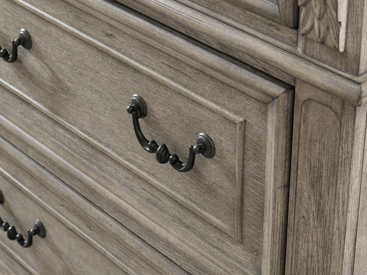 Lodenbay Antique Gray Queen Upholstered Panel Bed, Dresser, Mirror, Chest And Nightstand