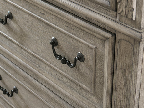 Lodenbay Antique Gray Queen Upholstered Panel Bed, Dresser, Mirror, Chest And Nightstand