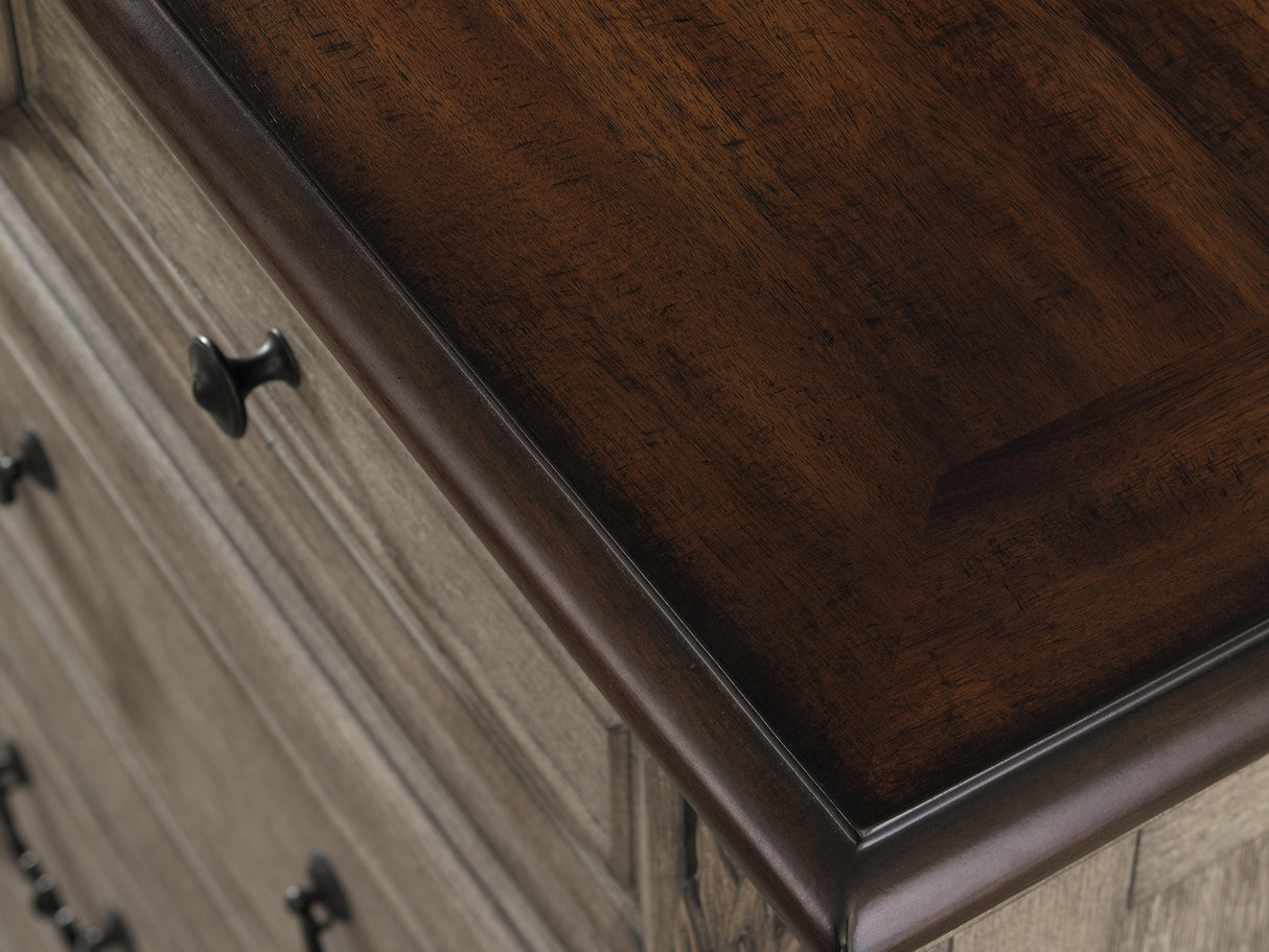 Lodenbay Antique Gray Queen Upholstered Panel Bed, Dresser, Mirror, Chest And Nightstand