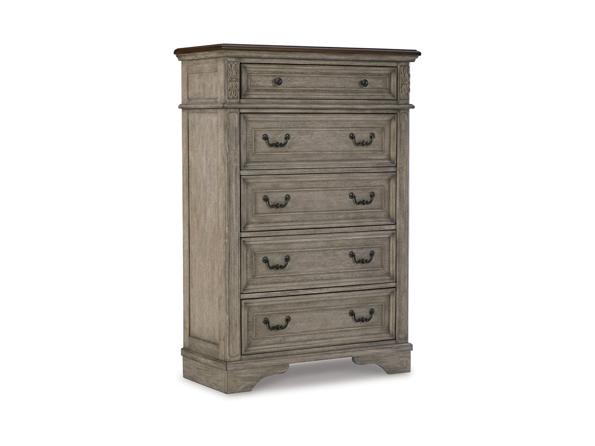 Lodenbay Antique Gray/Brown King Upholstered Panel Bed, Dresser, Mirror, Chest And Nightstand