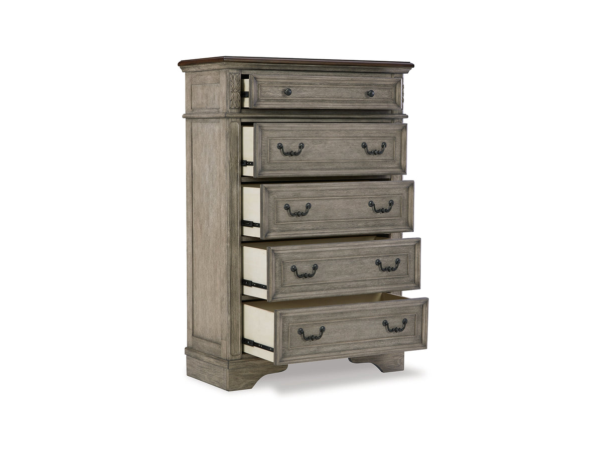 Lodenbay Antique Gray/Brown King Upholstered Panel Bed, Dresser, Mirror, Chest And Nightstand