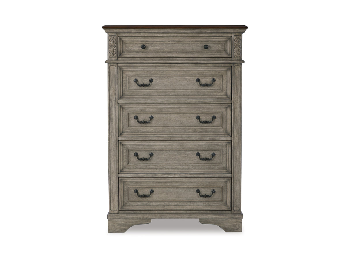Lodenbay Antique Gray Queen Upholstered Panel Bed, Dresser, Mirror, Chest And Nightstand
