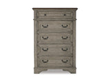 Lodenbay Antique Gray/Brown King Upholstered Panel Bed, Dresser, Mirror, Chest And Nightstand