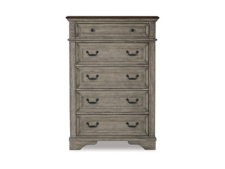 Lodenbay Antique Gray Queen Upholstered Panel Bed, Dresser, Mirror, Chest And Nightstand