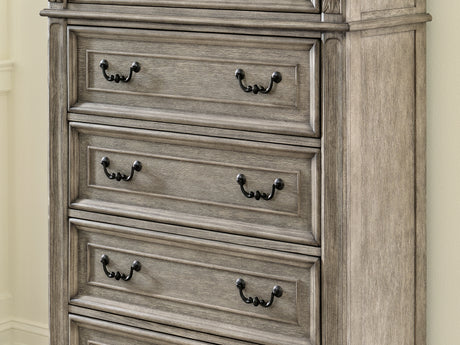 Lodenbay Antique Gray/Brown King Upholstered Panel Bed, Dresser, Mirror, Chest And Nightstand