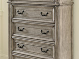Lodenbay Antique Gray Queen Upholstered Panel Bed, Dresser, Mirror, Chest And Nightstand