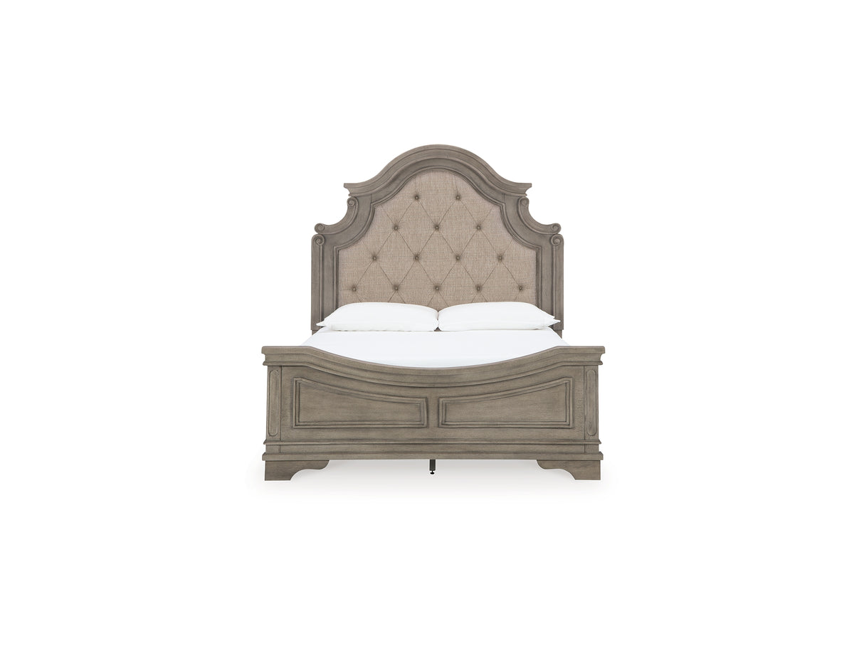 Lodenbay Antique Gray/Brown Queen Upholstered Panel Bed, Dresser, Mirror And 2 Nightstands