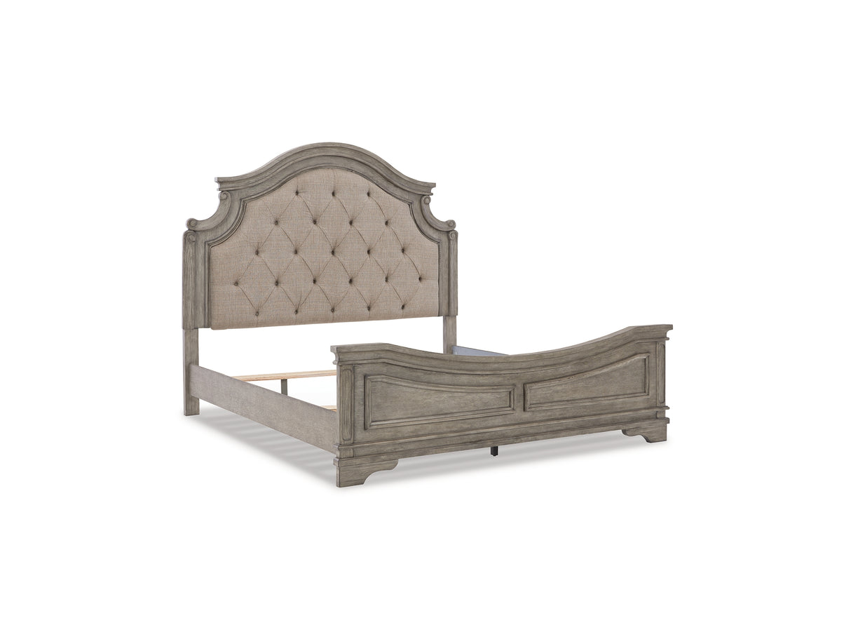 Lodenbay Antique Gray/Brown King Upholstered Panel Bed, Dresser, Mirror, Chest And Nightstand