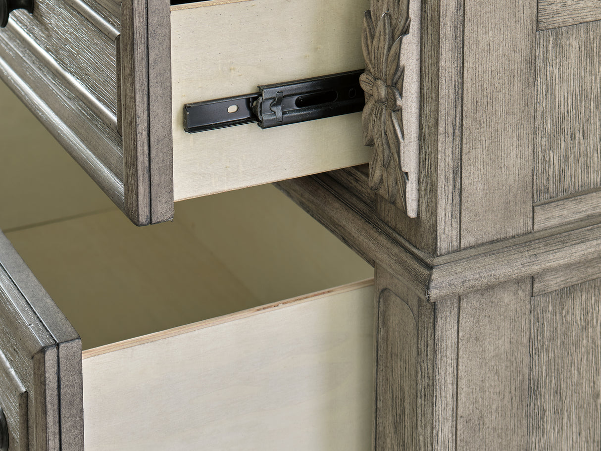 Lodenbay Antique Gray Queen Upholstered Panel Bed, Dresser, Mirror, Chest And Nightstand