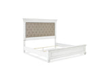 Kanwyn Whitewash Cal King Upholstered Panel Bed, Dresser, Mirror And Chest