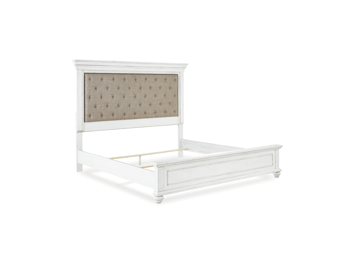 Kanwyn Whitewash Queen Upholstered Panel Bed, Dresser, And Nightstand
