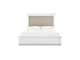 Kanwyn Whitewash King Upholstered Panel Bed, Dresser, Mirror And Chest
