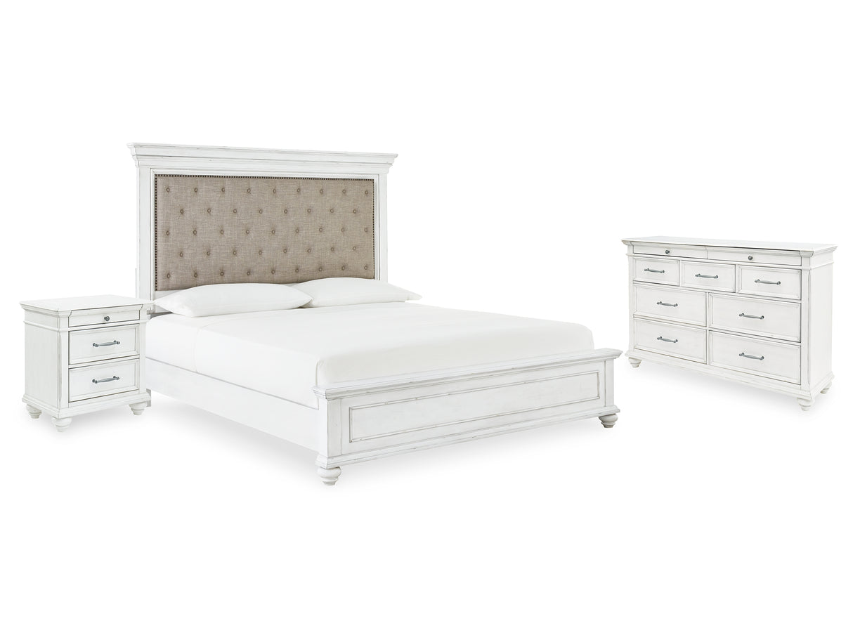 Kanwyn Whitewash Queen Upholstered Panel Bed, Dresser, And Nightstand